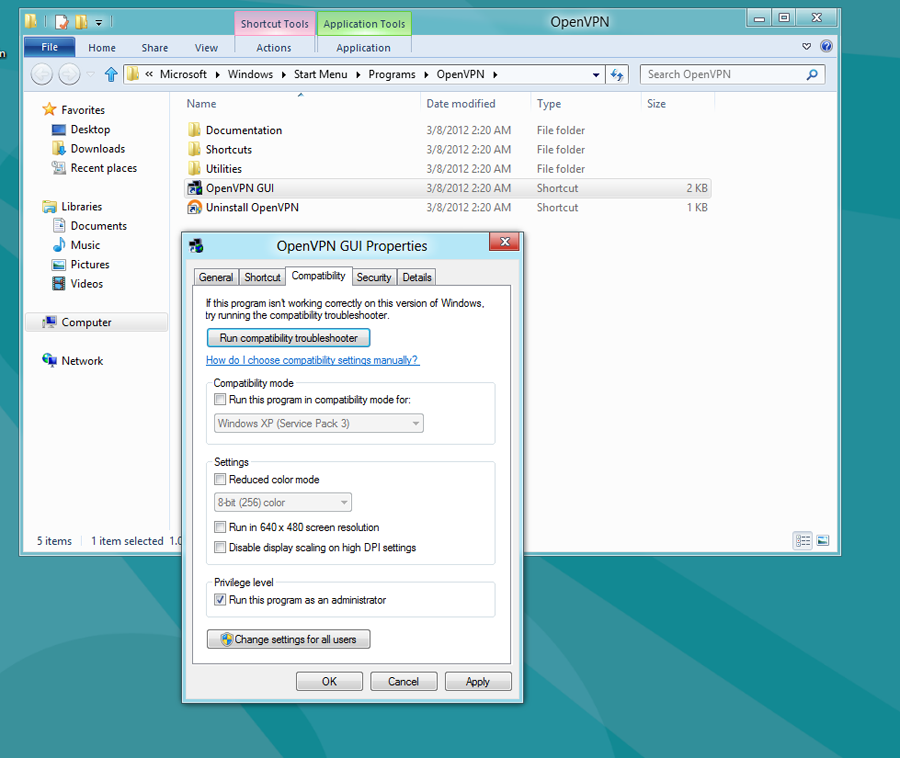 Setting the administrator in Windows 8 OpenVPN