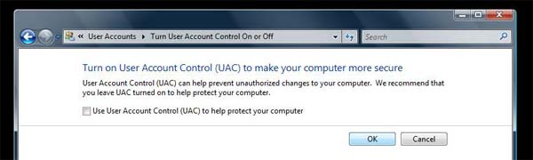 turn off user account control (UAC)