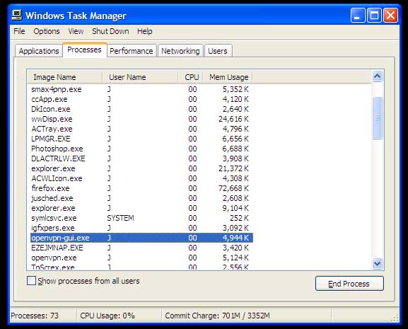 Task Manager showing OpenVPN GUI